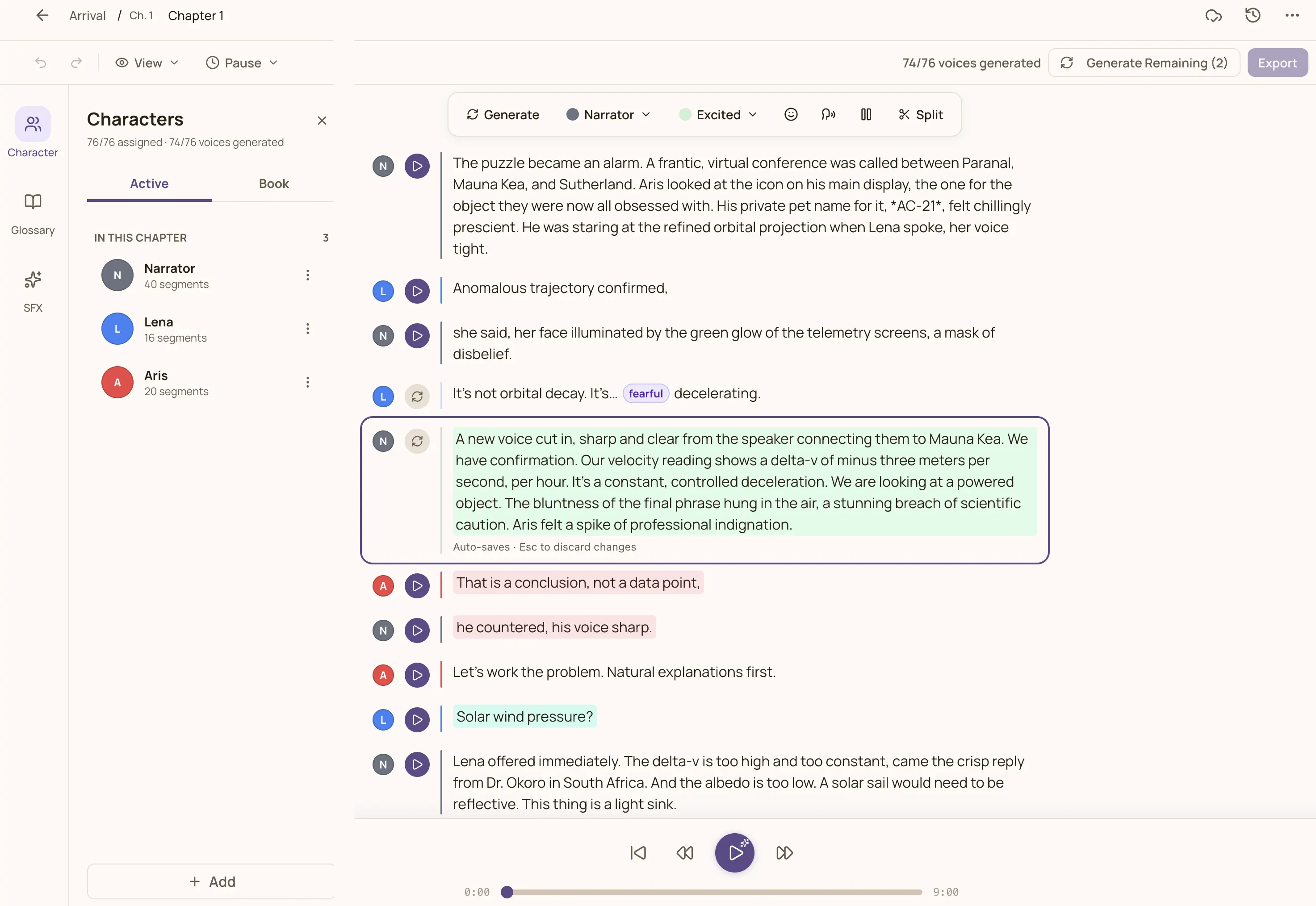 The Director Studio — a chapter script with each line cast to a character, tonality tags, and per-segment playback