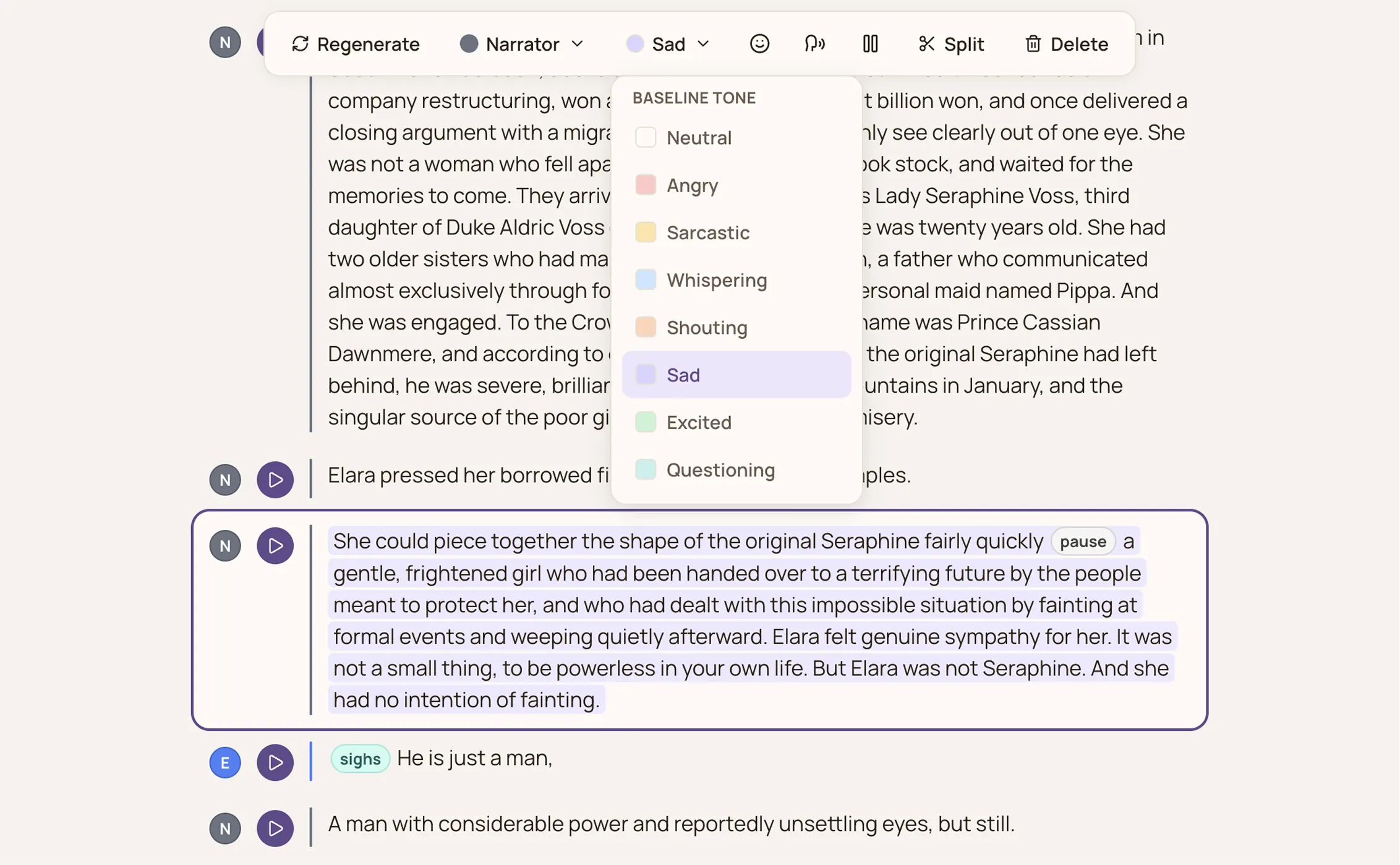 The baseline tone menu for a line, with options like Angry, Sarcastic, Whispering, and Sad